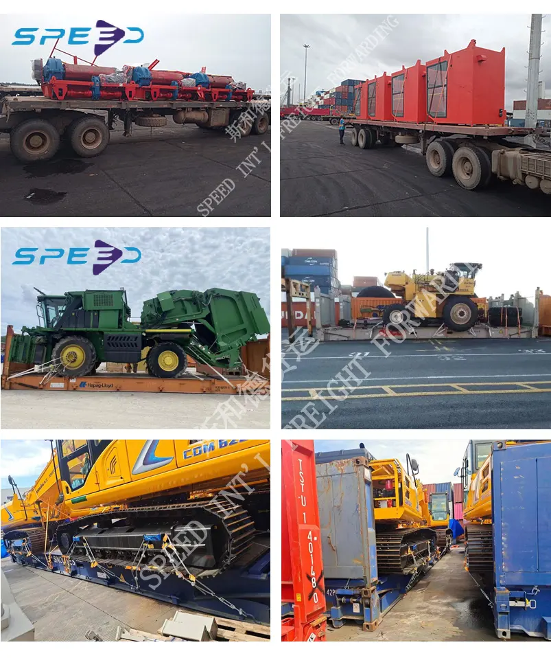 Professional lashing and securing of heavy excavators and industrial machinery onto Flat Rack containers by SPEED INT'L